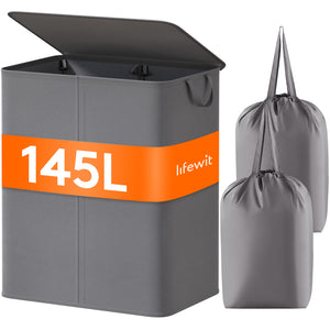 Lifewit 145L Large Double Layer 2 Partition Laundry Hamper with Lid, Grey